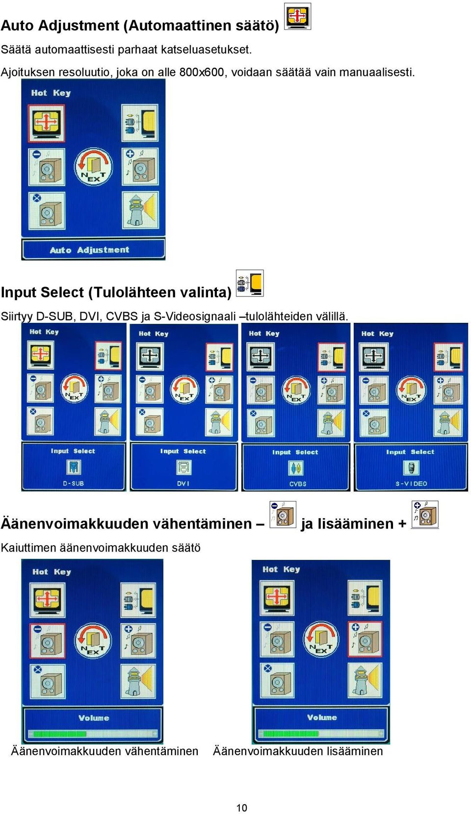 Input Select (Tulolähteen valinta) Siirtyy D-SUB, DVI, CVBS ja S-Videosignaali tulolähteiden välillä.