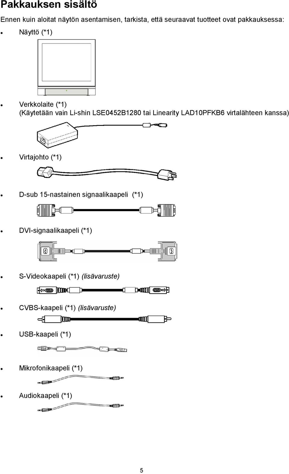 virtalähteen kanssa) Virtajohto (*1) D-sub 15-nastainen signaalikaapeli (*1) DVI-signaalikaapeli (*1)