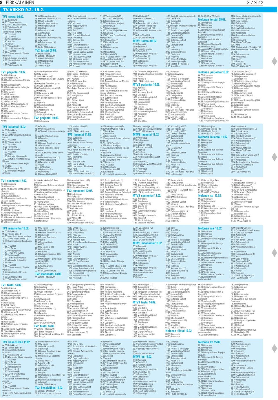 00 Eduskunnan kyselytunti 17.10 Viidakkoperhe (7) TV1 perjantai 10.02. 06.25 Ykkösen aamu-tv 09.30 Puutarhan lumoissa: Pellolta pataan 10.00 Viidakkoperhe (7) 10.