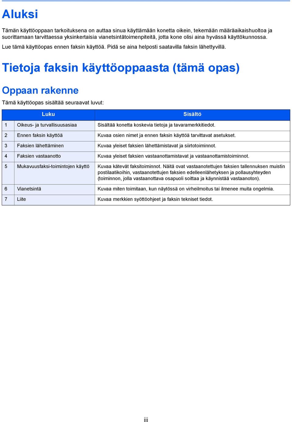 Tietoja faksin käyttöoppaasta (tämä opas) Oppaan rakenne Tämä käyttöopas sisältää seuraavat luvut: Luku Sisältö 1 Oikeus- ja turvallisuusasiaa Sisältää konetta koskevia tietoja ja tavaramerkkitiedot.