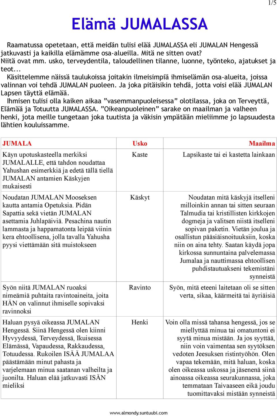 .. Käsittelemme näissä taulukoissa joitakin ilmeisimpiä ihmiselämän osa-alueita, joissa valinnan voi tehdä JUMALAN puoleen. Ja joka pitäisikin tehdä, jotta voisi elää JUMALAN Lapsen täyttä elämää.