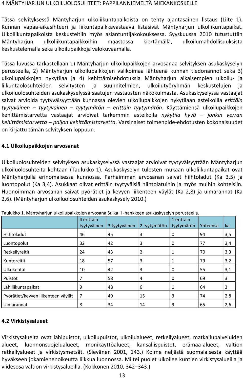 Syyskuussa 2010 tutustuttiin Mäntyharjun ulkoliikuntapaikkoihin maastossa kiertämällä, ulkoilumahdollisuuksista keskustelemalla sekä ulkoilupaikkoja valokuvaamalla.