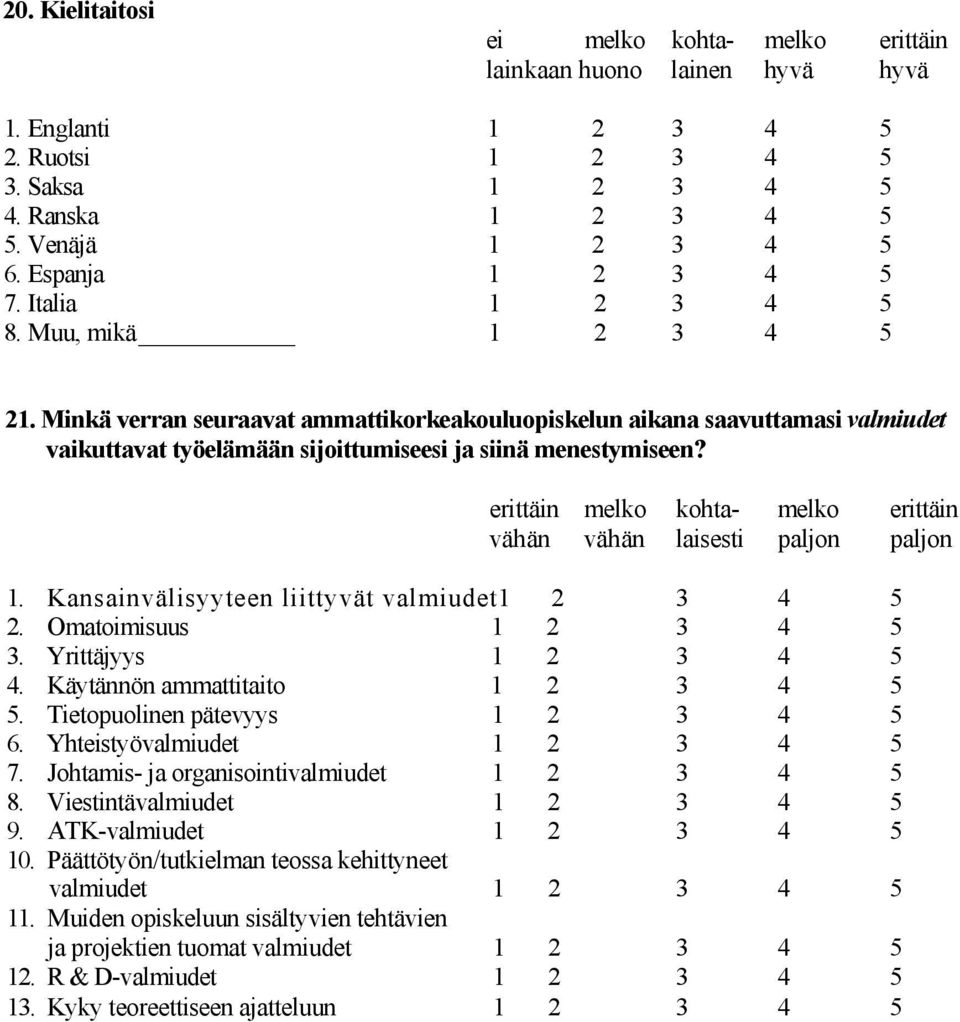 Minkä verran seuraavat ammattikorkeakouluopiskelun aikana saavuttamasi valmiudet vaikuttavat työelämään sijoittumiseesi ja siinä menestymiseen?