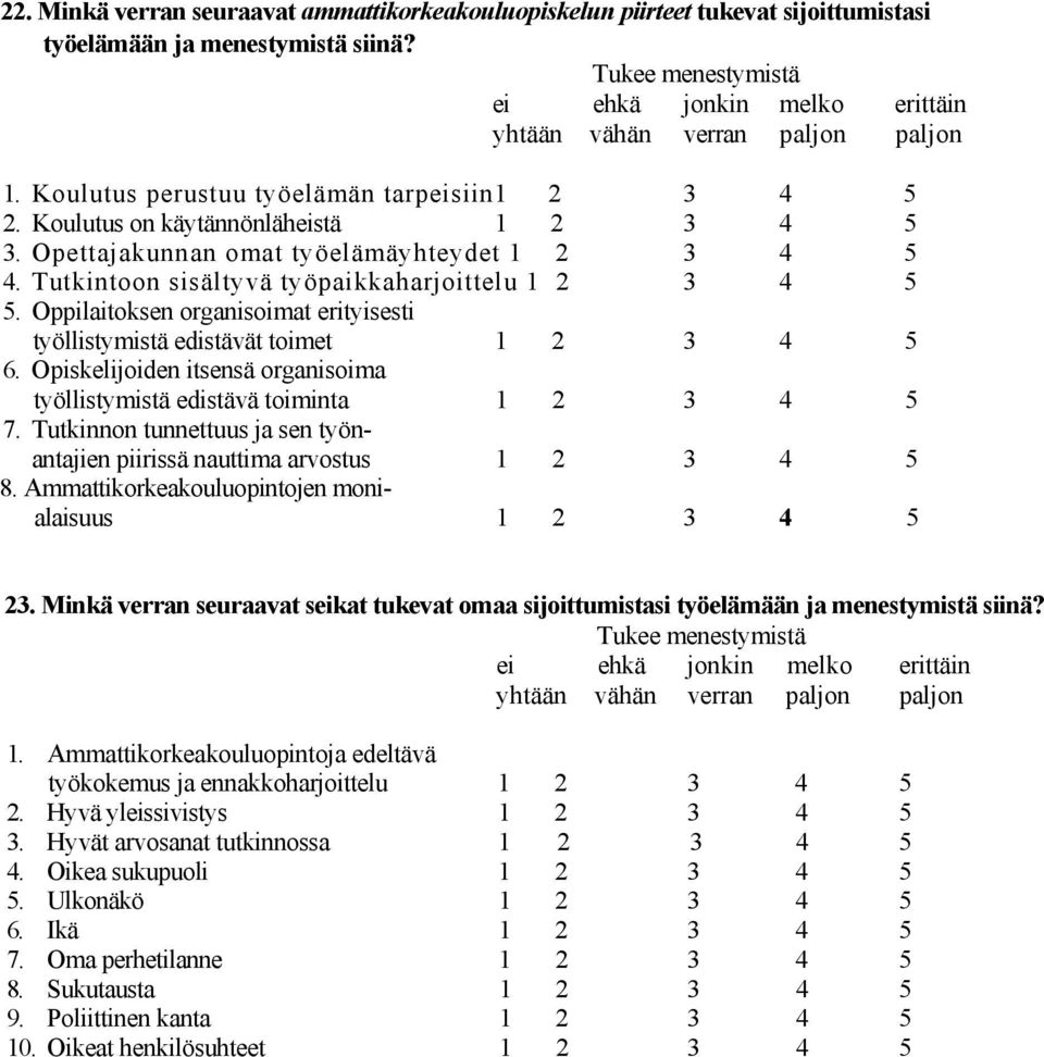 Opettajakunnan omat työelämäyhteydet 1 2 3 4 5 4. Tutkintoon sisältyvä työpaikkaharjoittelu 1 2 3 4 5 5. Oppilaitoksen organisoimat erityisesti työllistymistä edistävät toimet 1 2 3 4 5 6.