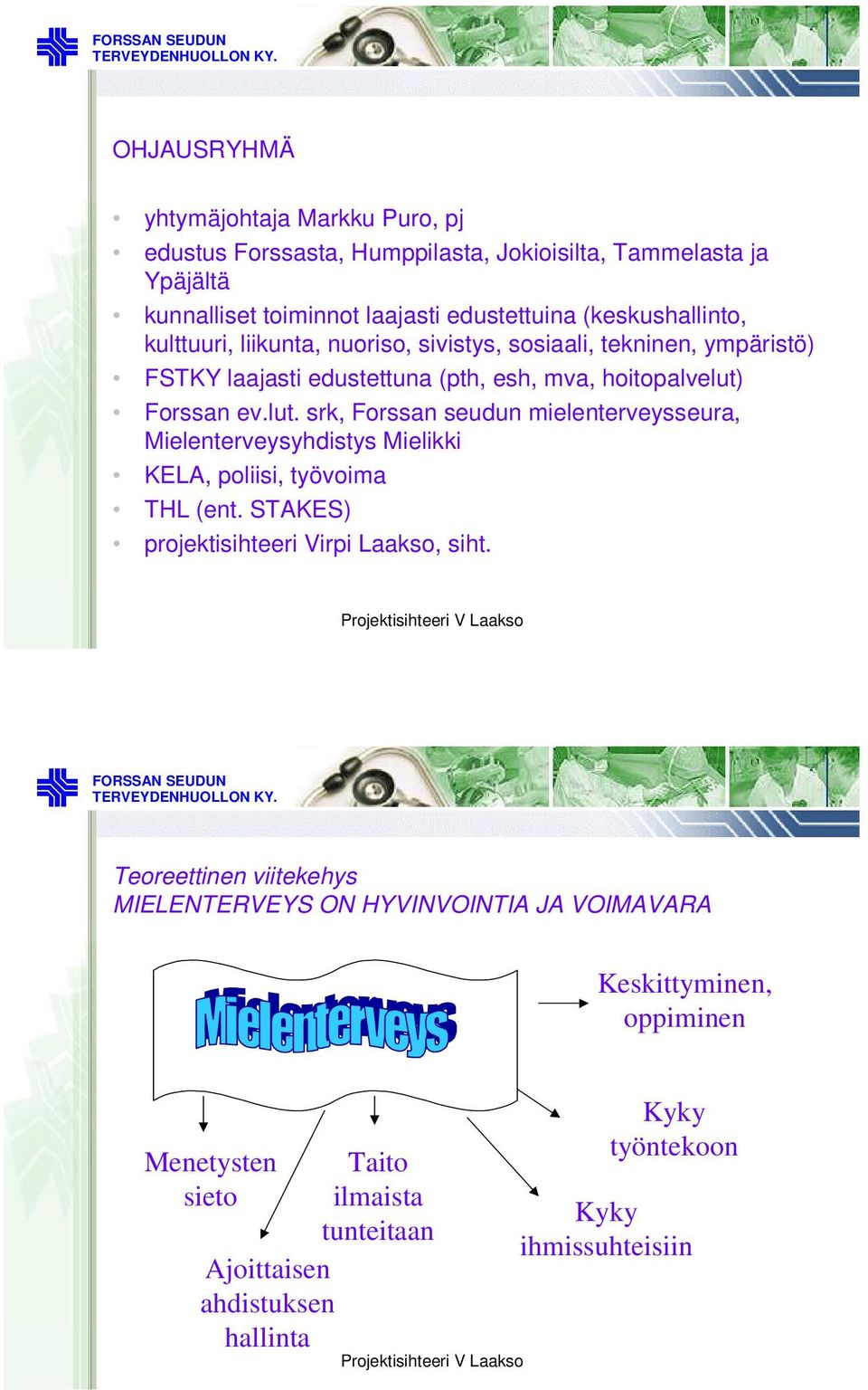 Forssan ev.lut. srk, Forssan seudun mielenterveysseura, Mielenterveysyhdistys Mielikki KELA, poliisi, työvoima THL (ent. STAKES) projektisihteeri Virpi Laakso, siht.