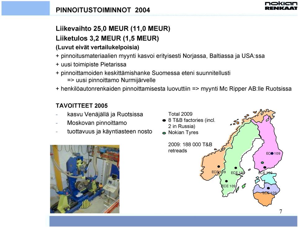 Nurmijärvelle + henkilöautonrenkaiden pinnoittamisesta luovuttiin => myynti Mc Ripper AB:lle Ruotsissa TAVOITTEET 2005 - kasvu Venäjällä ja Ruotsissa - Moskovan