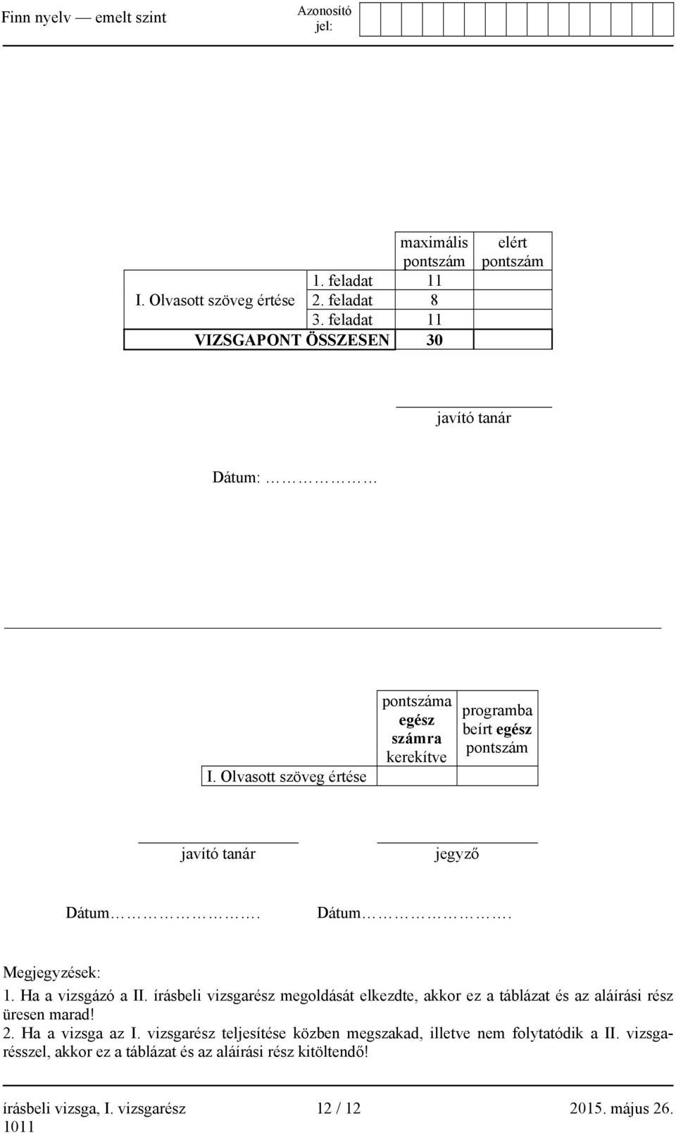 Ha a vizsgázó a II. írásbeli vizsgarész megoldását elkezdte, akkor ez a táblázat és az aláírási rész üresen marad! 2. Ha a vizsga az I.