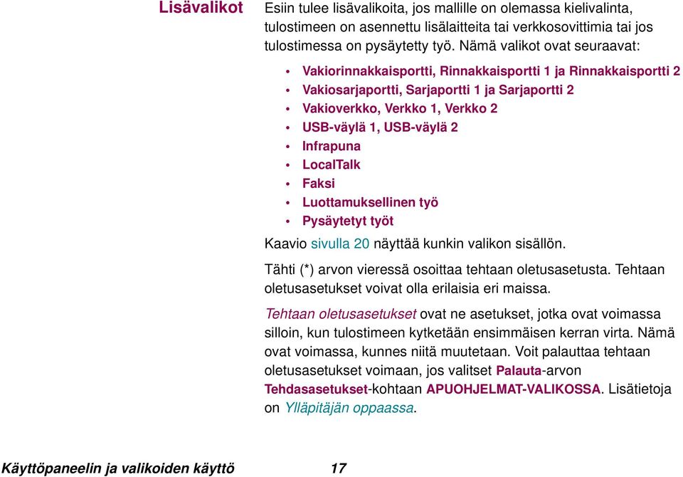 Infrapuna LocalTalk Faksi Luottamuksellinen työ Pysäytetyt työt Kaavio sivulla 20 näyttää kunkin valikon sisällön. Tähti (*) arvon vieressä osoittaa tehtaan oletusasetusta.