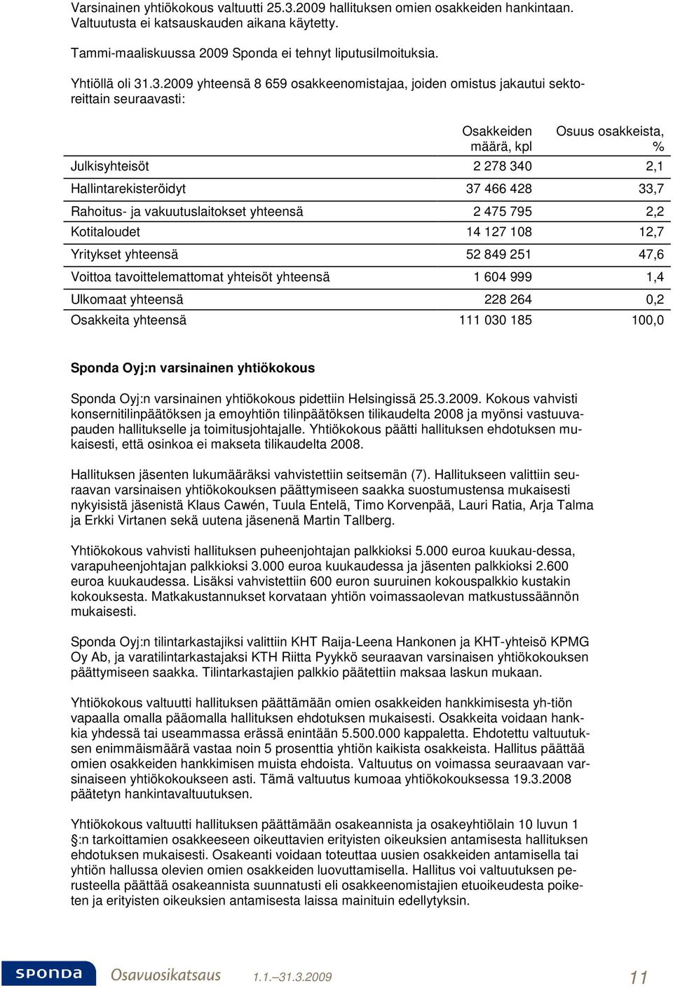 .3.2009 yhteensä 8 659 osakkeenomistajaa, joiden omistus jakautui sektoreittain seuraavasti: Osakkeiden määrä, kpl Osuus osakkeista, % Julkisyhteisöt 2 278 340 2,1 Hallintarekisteröidyt 37 466 428