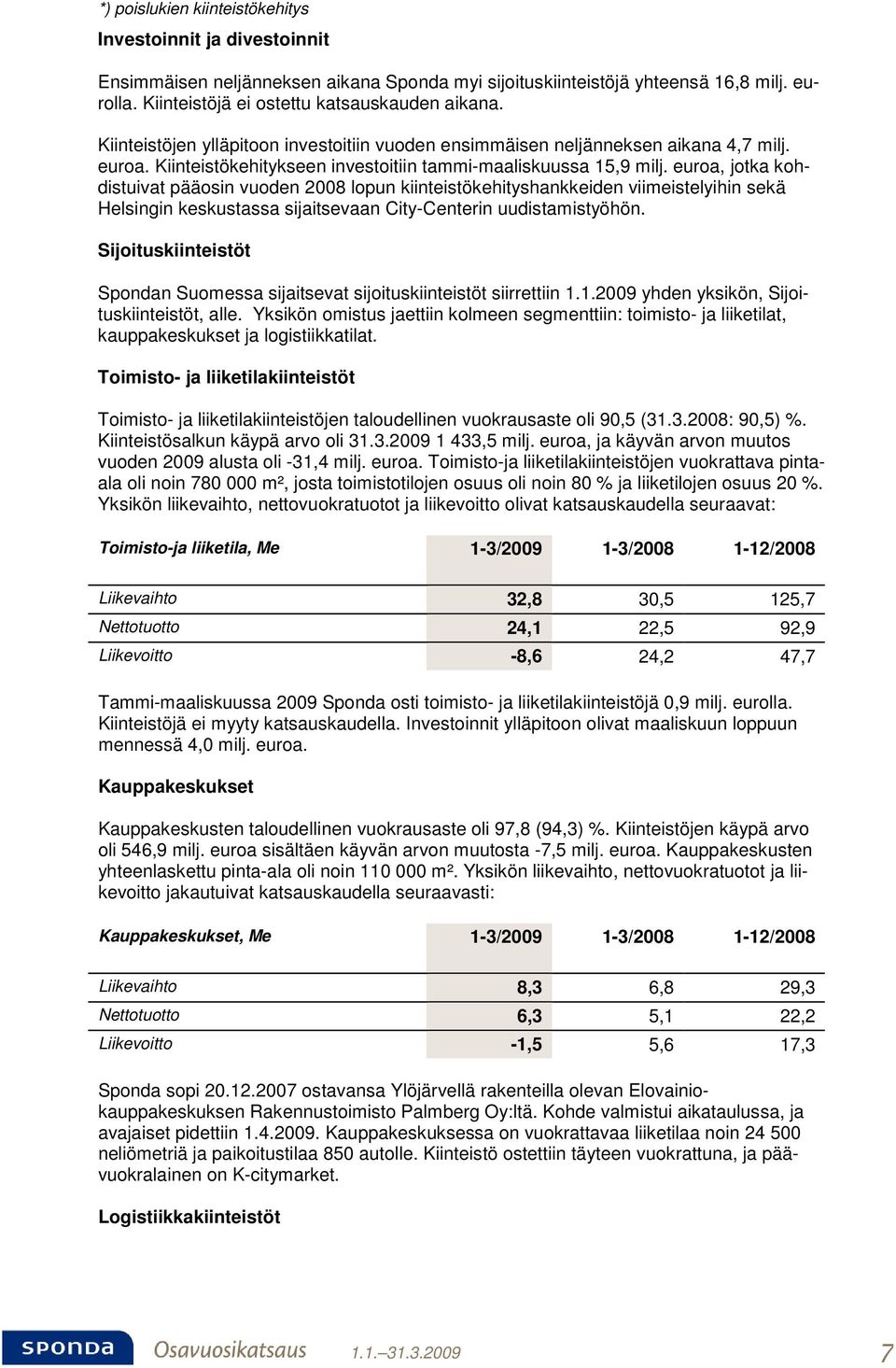 euroa, jotka kohdistuivat pääosin vuoden 2008 lopun kiinteistökehityshankkeiden viimeistelyihin sekä Helsingin keskustassa sijaitsevaan City-Centerin uudistamistyöhön.
