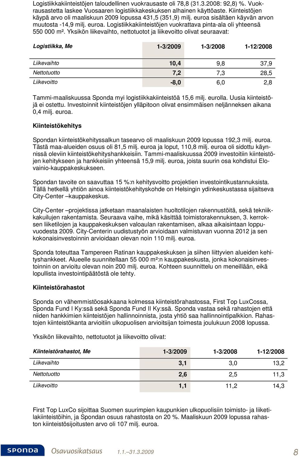 Yksikön liikevaihto, nettotuotot ja liikevoitto olivat seuraavat: Logistiikka, Me 1-3/2009 1-3/2008 1-12/2008 Liikevaihto 10,4 9,8 37,9 Nettotuotto 7,2 7,3 28,5 Liikevoitto -8,0 6,0 2,8