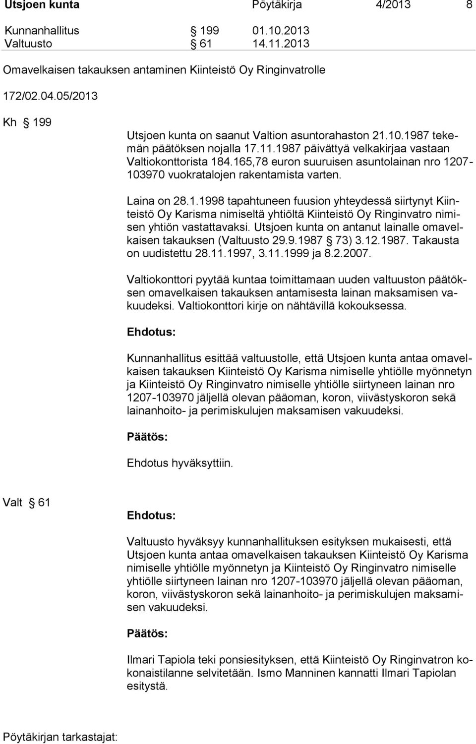 165,78 euron suuruisen asuntolainan nro 1207-103970 vuokratalojen rakentamista varten. Laina on 28.1.1998 tapahtuneen fuusion yhteydessä siirtynyt Kiinteistö Oy Karisma nimiseltä yhtiöltä Kiinteistö Oy Ringinvatro nimisen yhtiön vastattavaksi.