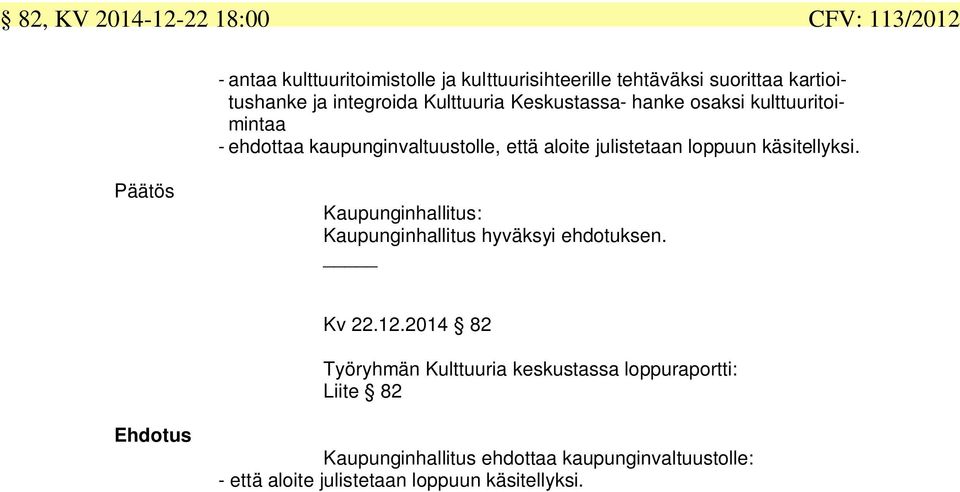 loppuun käsitellyksi. Päätös Kaupunginhallitus: Kaupunginhallitus hyväksyi ehdotuksen. Kv 22.12.