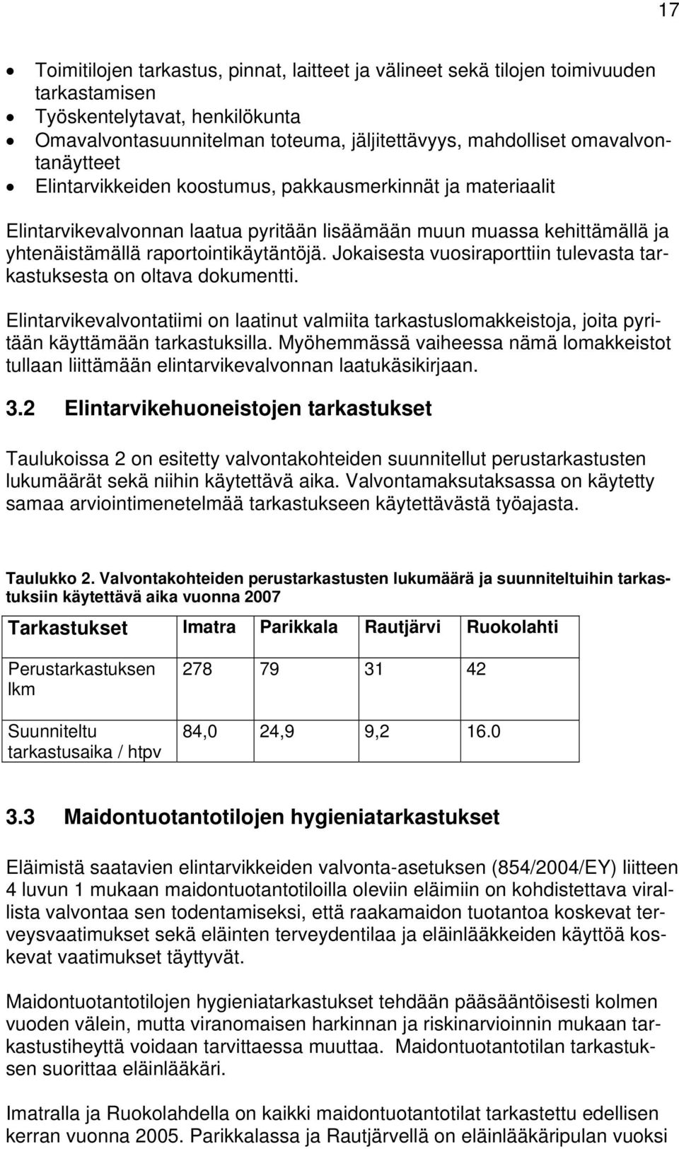 Jokaisesta vuosiraporttiin tulevasta tarkastuksesta on oltava dokumentti. Elintarvikevalvontatiimi on laatinut valmiita tarkastuslomakkeistoja, joita pyritään käyttämään tarkastuksilla.