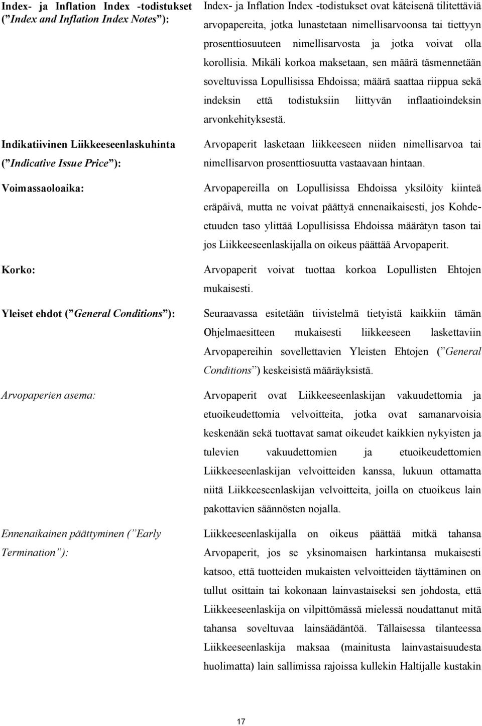 Mikäli korkoa maksetaan, sen määrä täsmennetään soveltuvissa Lopullisissa Ehdoissa; määrä saattaa riippua sekä indeksin että todistuksiin liittyvän inflaatioindeksin arvonkehityksestä.