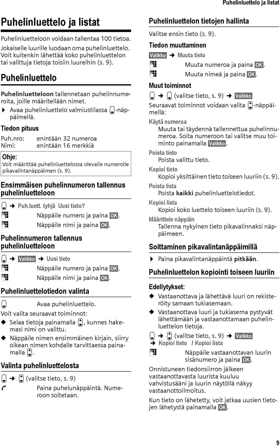 Avaa puhelinluettelo valmiustilassa s-näppäimellä. Tiedon pituus Puh.