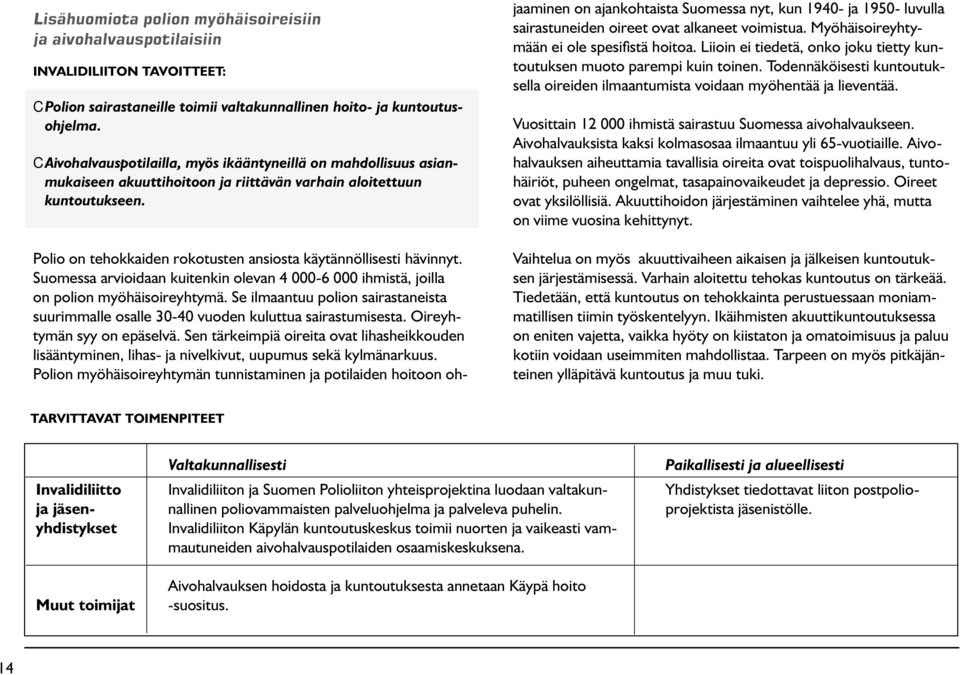 Polio on tehokkaiden rokotusten ansiosta käytännöllisesti hävinnyt. Suomessa arvioidaan kuitenkin olevan 4 000-6 000 ihmistä, joilla on polion myöhäisoireyhtymä.