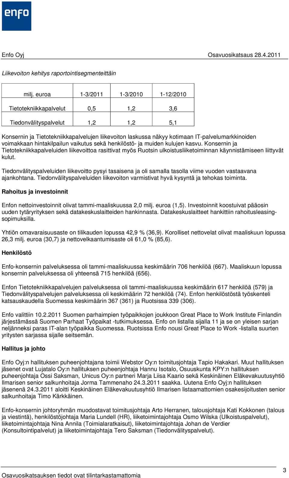 Konsernin ja Tietotekniikkapalveluiden liikevoittoa rasittivat myös Ruotsin ulkoistusliiketoiminnan käynnistämiseen liittyvät kulut.