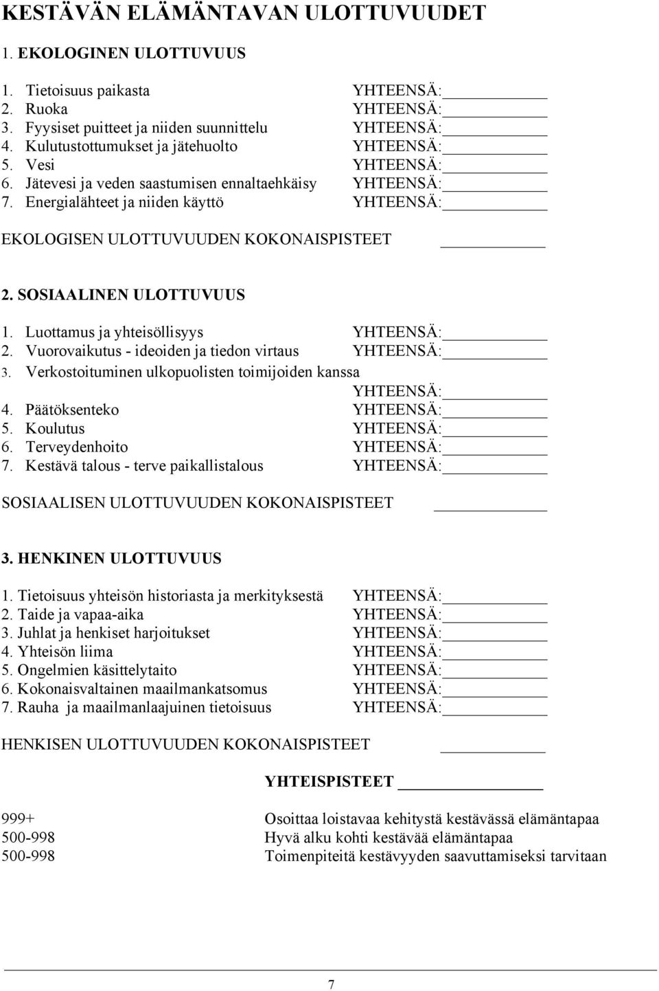 Energialähteet ja niiden käyttö YHTEENSÄ: EKOLOGISEN ULOTTUVUUDEN KOKONAISPISTEET 2. SOSIAALINEN ULOTTUVUUS 1. Luottamus ja yhteisöllisyys YHTEENSÄ: 2.