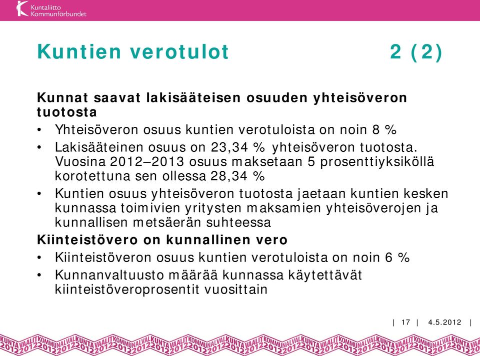 Vuosina 2012 2013 osuus maksetaan 5 prosenttiyksiköllä korotettuna sen ollessa 28,34 % Kuntien osuus yhteisöveron tuotosta jaetaan kuntien kesken