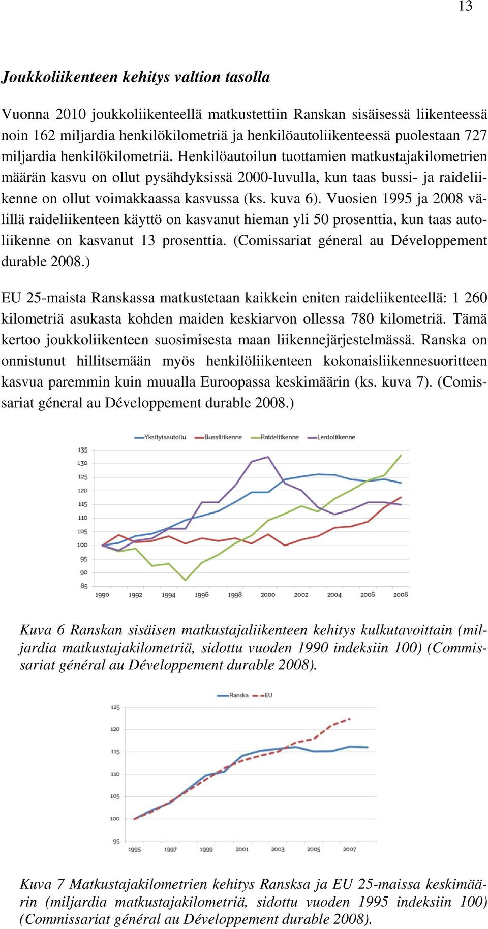 kuva 6). Vuosien 1995 ja 2008 välillä raideliikenteen käyttö on kasvanut hieman yli 50 prosenttia, kun taas autoliikenne on kasvanut 13 prosenttia. (Comissariat géneral au Développement durable 2008.