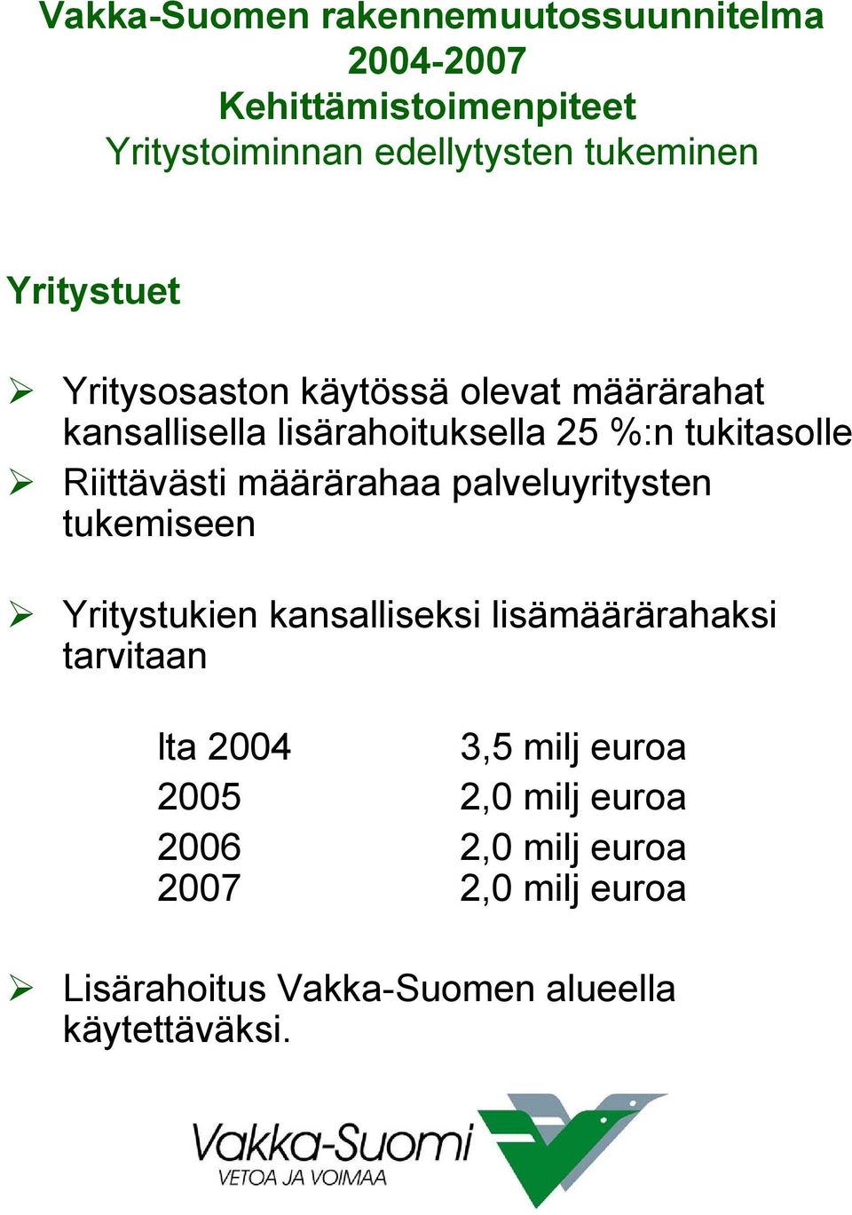 tukemiseen Yritystukien kansalliseksi lisämäärärahaksi tarvitaan lta 2004 3,5 milj euroa 2005