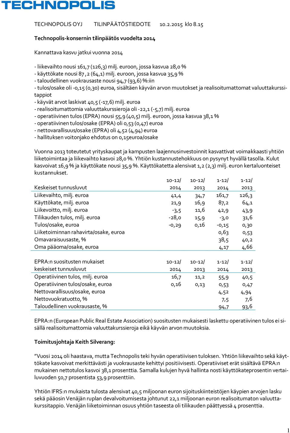 euroon, jossa kasvua 35,9 % - taloudellinen vuokrausaste nousi 94,7 (93,6) %:iin - tulos/osake oli -0,15 (0,30) euroa, sisältäen käyvän arvon muutokset ja realisoitumattomat valuuttakurssitappiot -