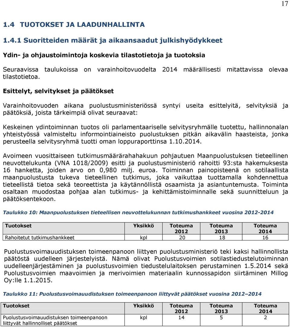 1 Suoritteiden määrät ja aikaansaadut julkishyödykkeet Ydin- ja ohjaustoimintoja koskevia tilastotietoja ja tuotoksia Seuraavissa taulukoissa on varainhoitovuodelta määrällisesti mitattavissa olevaa