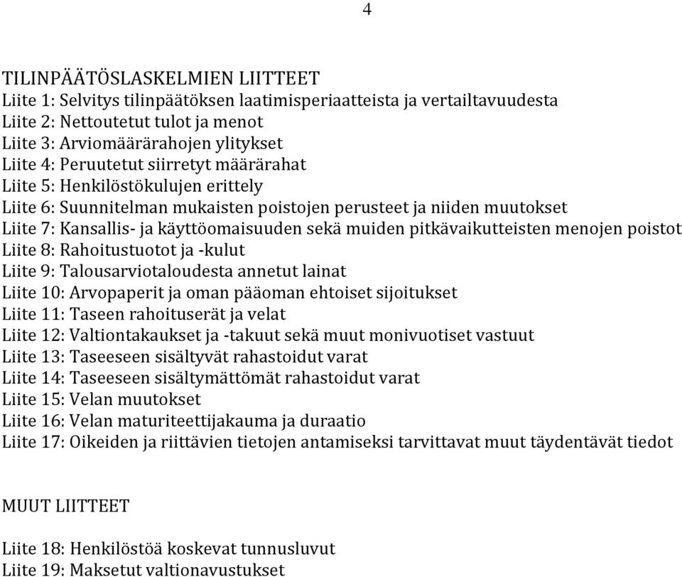 pitkävaikutteisten menojen poistot Liite 8: Rahoitustuotot ja -kulut Liite 9: Talousarviotaloudesta annetut lainat Liite 10: Arvopaperit ja oman pääoman ehtoiset sijoitukset Liite 11: Taseen