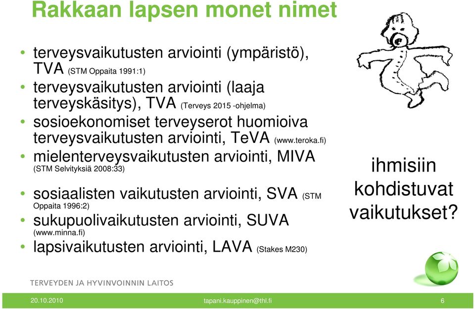 fi) mielenterveysvaikutusten arviointi, MIVA (STM Selvityksiä 2008:33) sosiaalisten vaikutusten arviointi, SVA (STM Oppaita 1996:2)