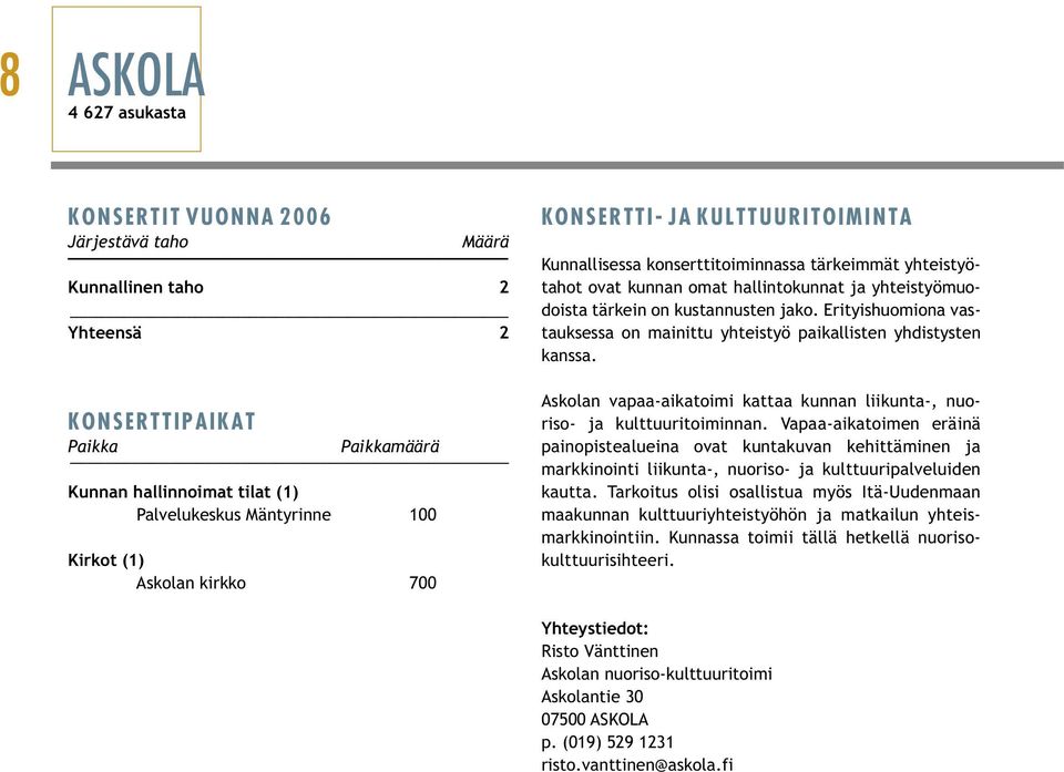 Askolan vapaa-aikatoimi kattaa kunnan liikunta-, nuoriso- ja kulttuuritoiminnan.