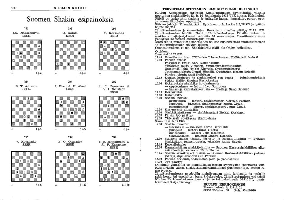 Kuznetsov + 5+10 TERVETULOA OPETTAJIEN SHAKKIPÄIVILLE HELSINKIIN Koulun Kerhokeskus järjestää Kouluhallituksen myöntämillä varoilla opettajien shakkipäivät 13. ja 14.