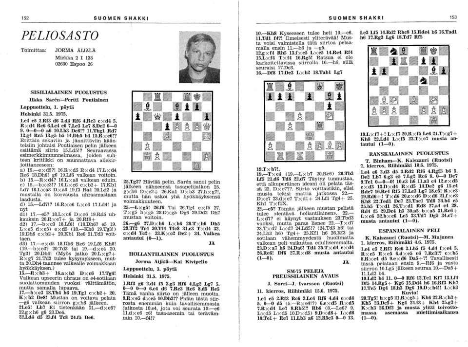 16.-DfS 17.De3 LX b2 18.Tabl Lg7 Le3 Lf5 14.Rd2 Rbe8 15.Rde4 h6 16.Tadl h6 17.Rg3 Lg6 18.Td7 Rf5 Ilkka Saren-Pertti Poutiainen Loppuottelu, 1. pöytä Helsinki 31.S. 1975. l.e4 es 2.Rf3 d6 3.d4 Rf6 4.