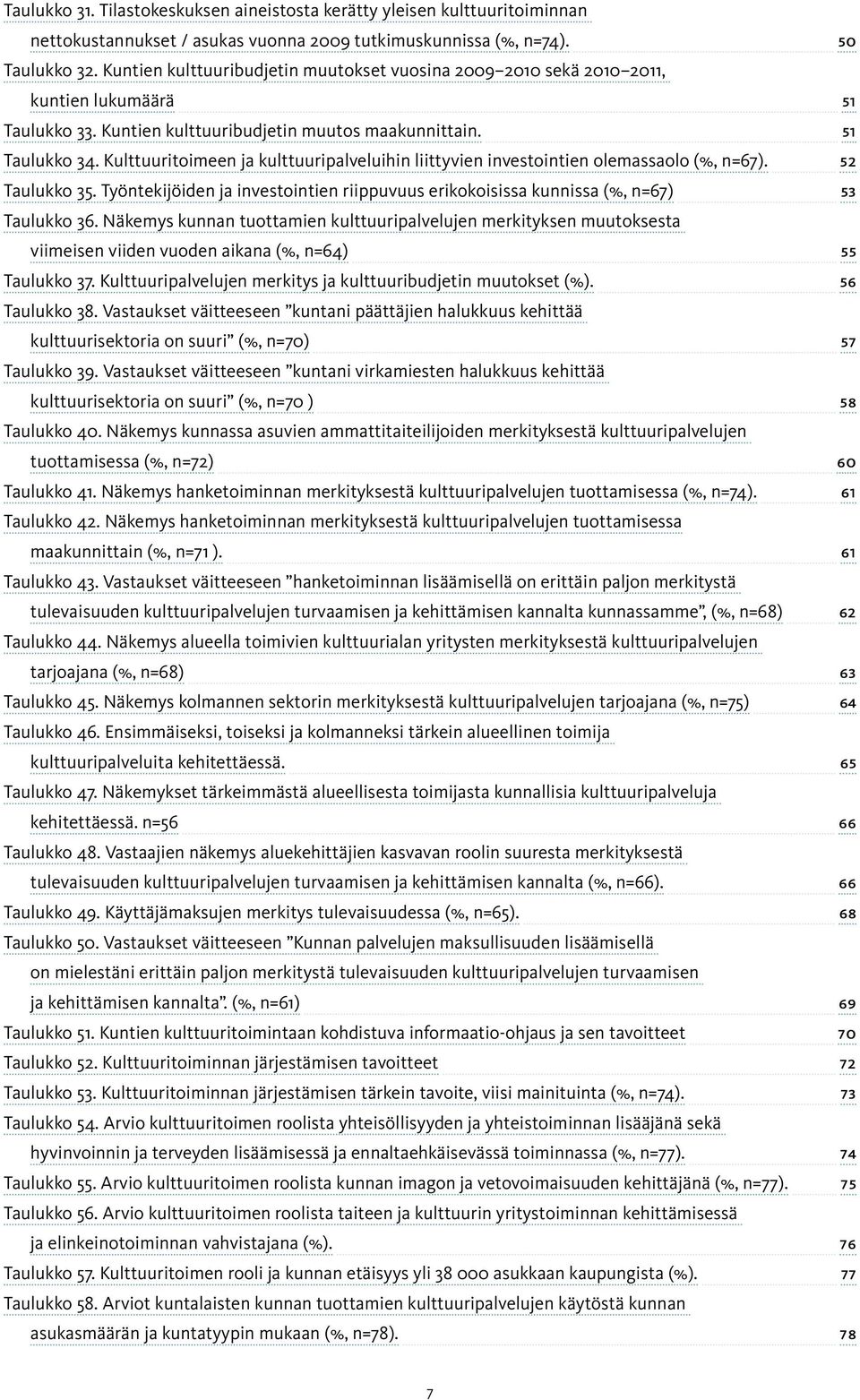 Kulttuuritoimeen ja kulttuuripalveluihin liittyvien investointien olemassaolo (%, n=67). 52 Taulukko 35. Työntekijöiden ja investointien riippuvuus erikokoisissa kunnissa (%, n=67) 53 Taulukko 36.