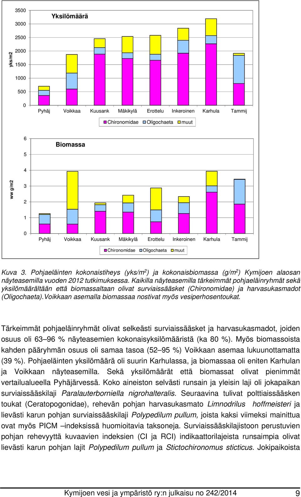 Pohjaeläinten kokonaistiheys (yks/m 2 ) ja kokonaisbiomassa (g/m 2 ) Kymijoen alaosan näyteasemilla vuoden 2012 tutkimuksessa.