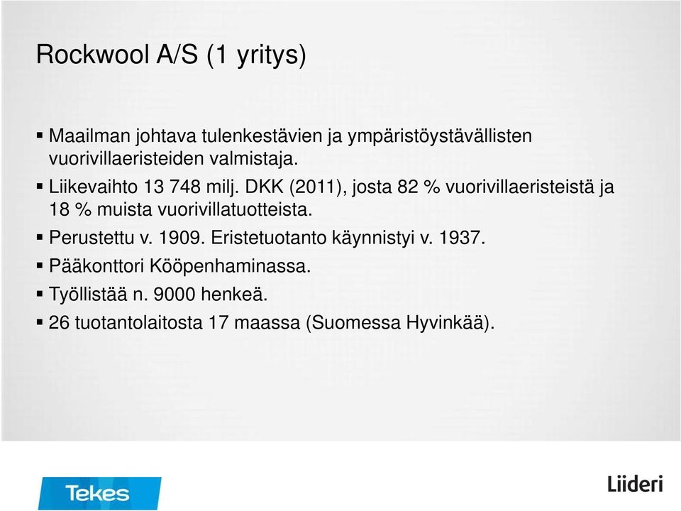 DKK (2011), josta 82 % vuorivillaeristeistä ja 18 % muista vuorivillatuotteista. Perustettu v.