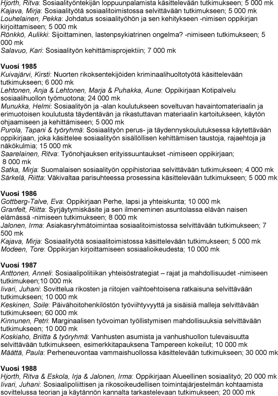 -nimiseen tutkimukseen; 5 Salavuo, Kari: Sosiaalityön kehittämisprojektiin; 7 Vuosi 1985 Kuivajärvi, Kirsti: Nuorten rikoksentekijöiden kriminaalihuoltotyötä käsittelevään tutkimukseen; 6 Lehtonen,