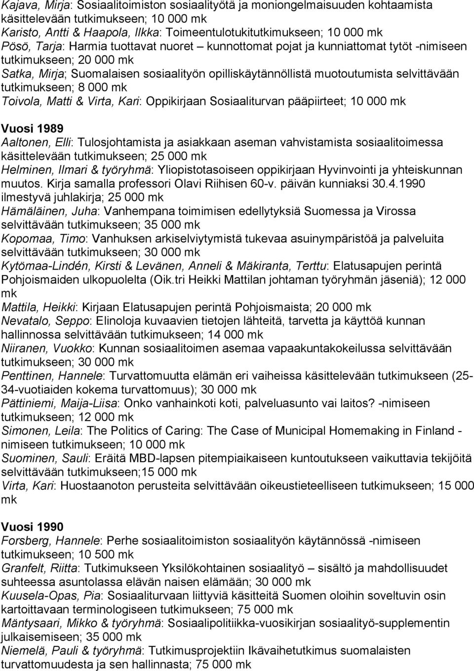 Matti & Virta, Kari: Oppikirjaan Sosiaaliturvan pääpiirteet; 10 Vuosi 1989 Aaltonen, Elli: Tulosjohtamista ja asiakkaan aseman vahvistamista sosiaalitoimessa käsittelevään tutkimukseen; 25 Helminen,