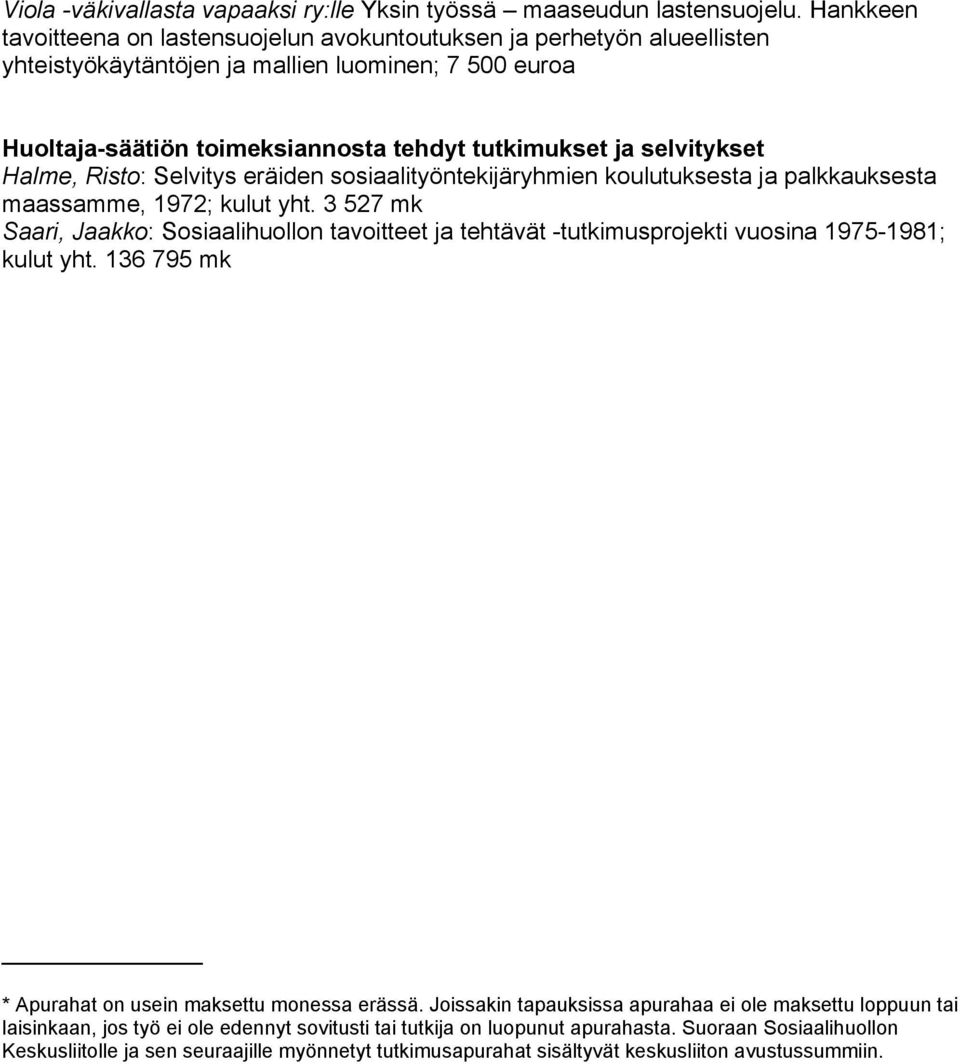 selvitykset Halme, Risto: Selvitys eräiden sosiaalityöntekijäryhmien koulutuksesta ja palkkauksesta maassamme, 1972; kulut yht.