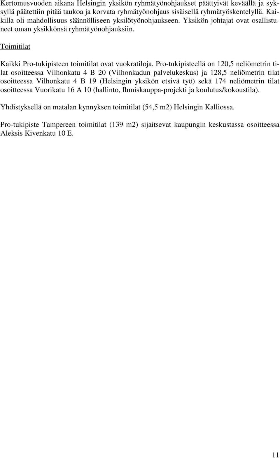 Pro-tukipisteellä on 120,5 neliömetrin tilat osoitteessa Vilhonkatu 4 B 20 (Vilhonkadun palvelukeskus) ja 128,5 neliömetrin tilat osoitteessa Vilhonkatu 4 B 19 (Helsingin yksikön etsivä työ) sekä 174