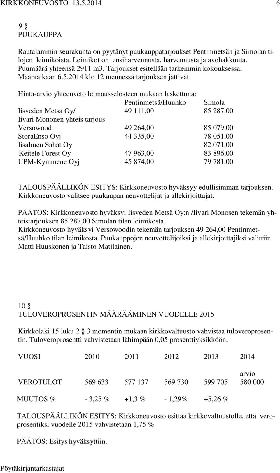 2014 klo 12 mennessä tarjouksen jättivät: Hinta-arvio yhteenveto leimausselosteen mukaan laskettuna: Pentinmetsä/Huuhko Simola Iisveden Metsä Oy/ 49 111,00 85 287,00 Iivari Mononen yhteis tarjous