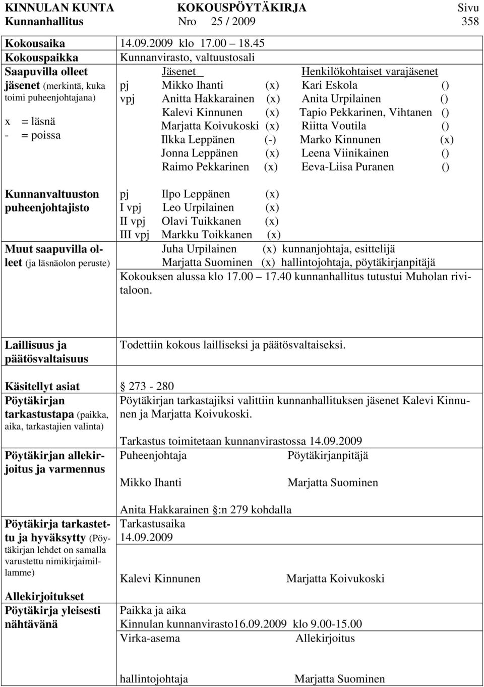 () vpj Anitta Hakkarainen (x) Anita Urpilainen () Kalevi Kinnunen (x) Tapio Pekkarinen, Vihtanen () Marjatta Koivukoski (x) Riitta Voutila () Ilkka Leppänen (-) Marko Kinnunen (x) Jonna Leppänen (x)