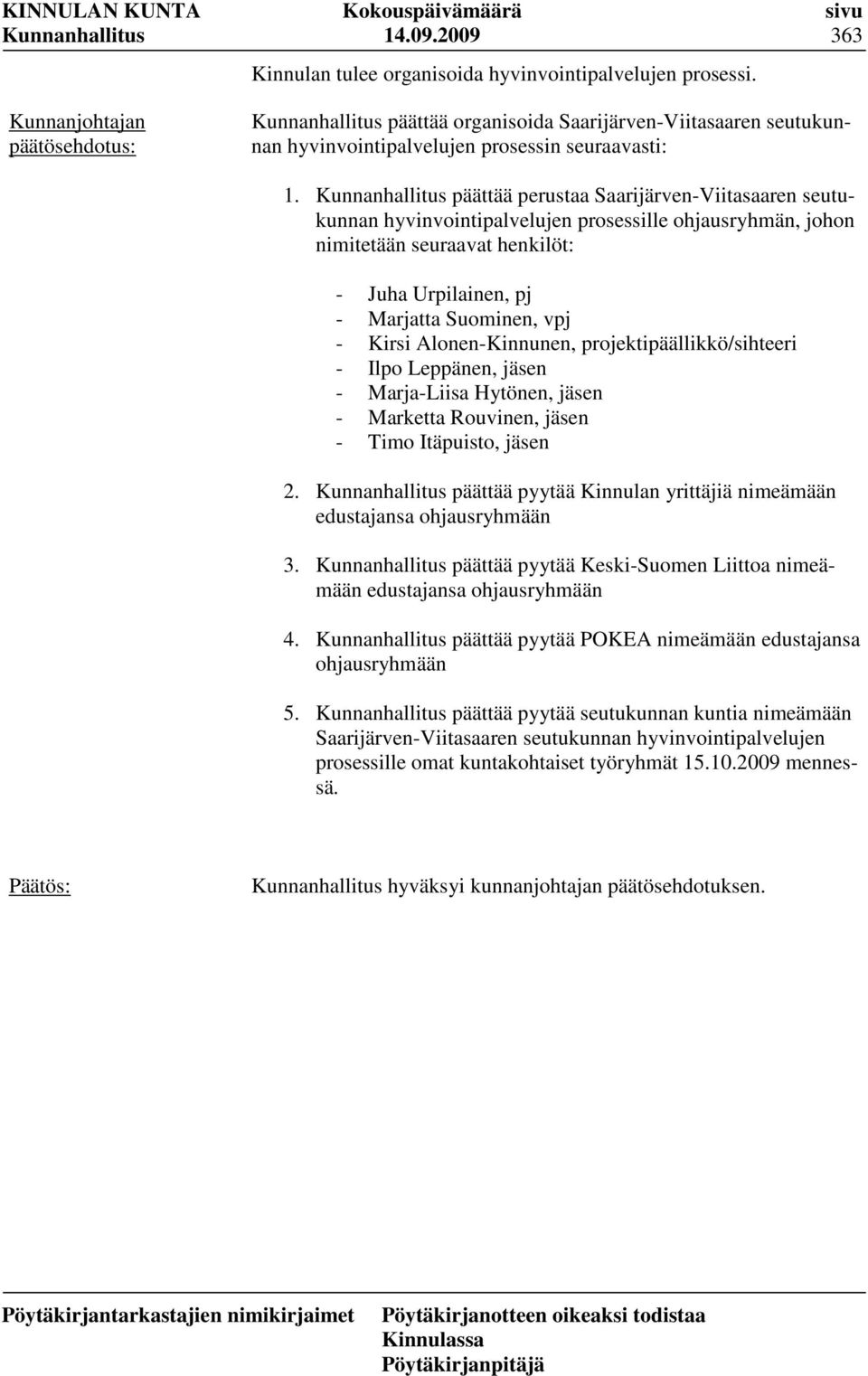 Alonen-Kinnunen, projektipäällikkö/sihteeri - Ilpo Leppänen, jäsen - Marja-Liisa Hytönen, jäsen - Marketta Rouvinen, jäsen - Timo Itäpuisto, jäsen 2.