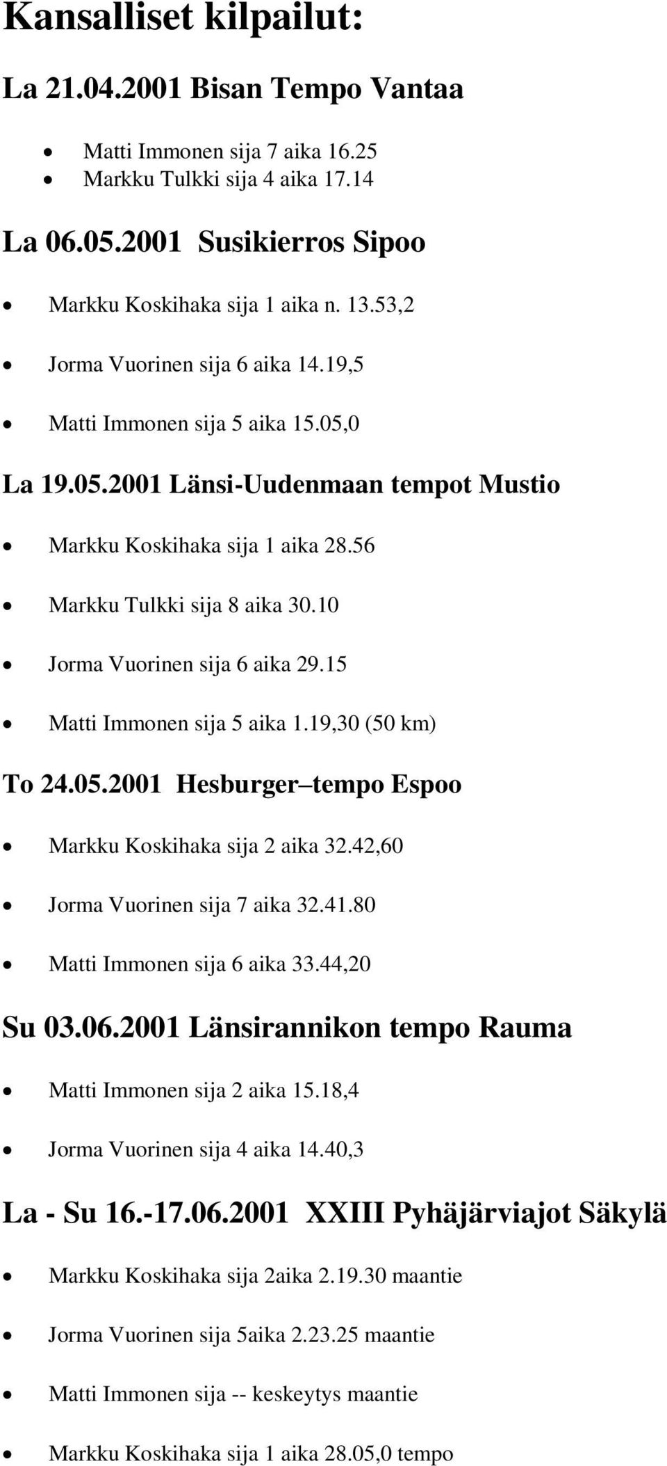 10 Jorma Vuorinen sija 6 aika 29.15 Matti Immonen sija 5 aika 1.19,30 (50 km) To 24.05.2001 Hesburger tempo Espoo Markku Koskihaka sija 2 aika 32.42,60 Jorma Vuorinen sija 7 aika 32.41.