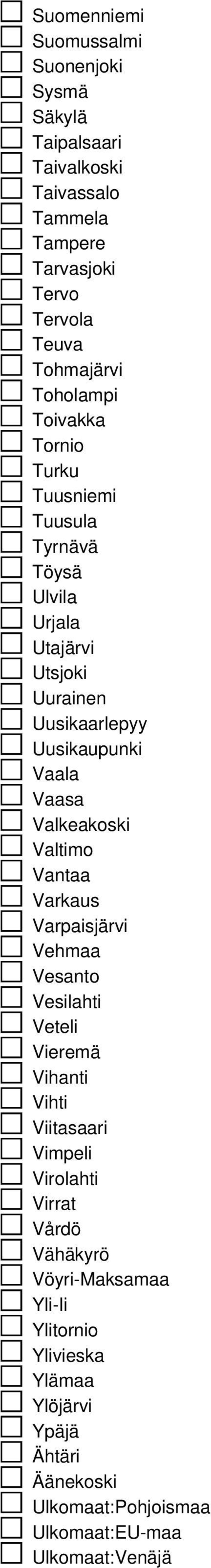 Valkeakoski Valtimo Vantaa Varkaus Varpaisjärvi Vehmaa Vesanto Vesilahti Veteli Vieremä Vihanti Vihti Viitasaari Vimpeli Virolahti Virrat