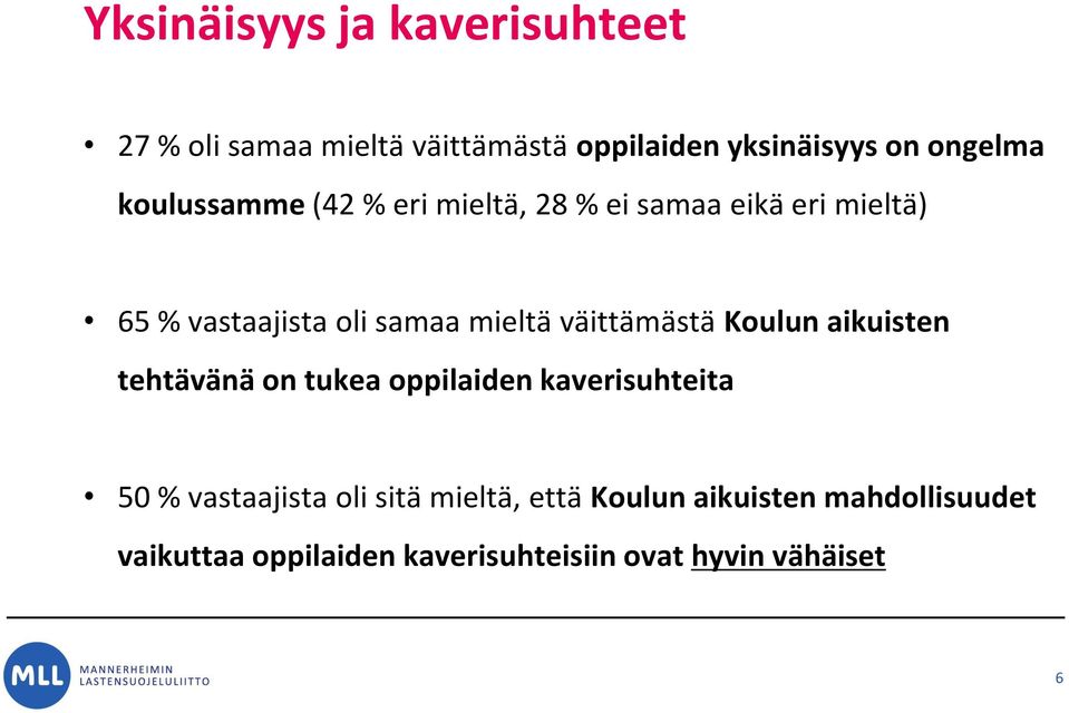 väittämästä Koulun aikuisten tehtävänä on tukea oppilaiden kaverisuhteita 50 % vastaajista oli