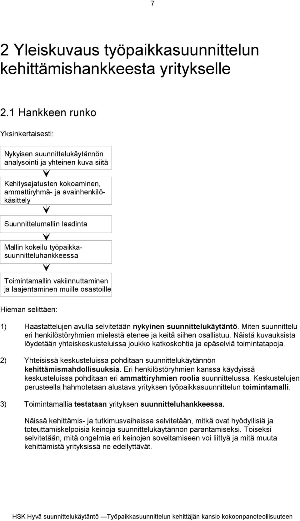 Mallin kokeilu työpaikkasuunnitteluhankkeessa Toimintamallin vakiinnuttaminen ja laajentaminen muille osastoille Hieman selittäen: 1) Haastattelujen avulla selvitetään nykyinen suunnittelukäytäntö.