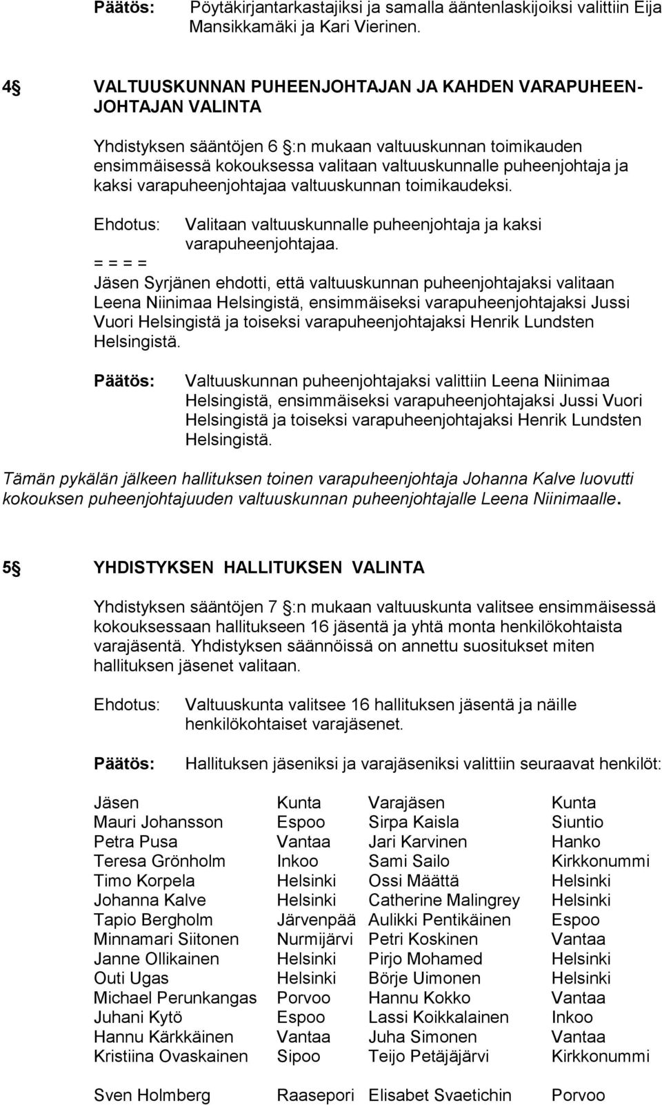 kaksi varapuheenjohtajaa valtuuskunnan toimikaudeksi. Valitaan valtuuskunnalle puheenjohtaja ja kaksi varapuheenjohtajaa.