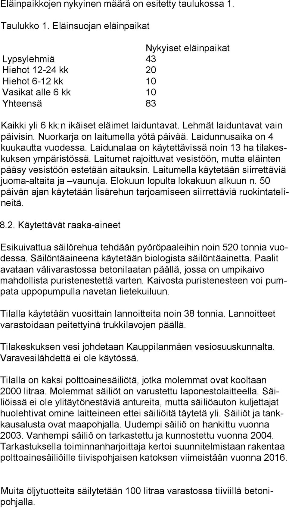 Lehmät laiduntavat vain päi vi sin. Nuorkarja on laitumella yötä päivää. Laidunnusaika on 4 kuu kaut ta vuodessa. Laidunalaa on käytettävissä noin 13 ha ti la keskuk sen ympäristössä.