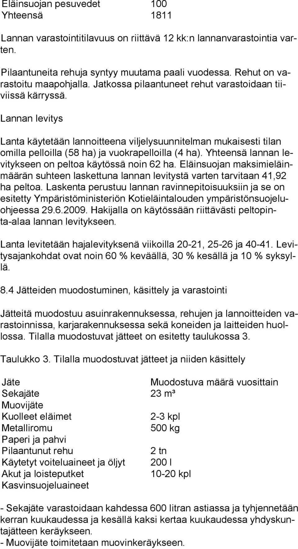 Yhteensä lannan levi tyk seen on peltoa käytössä noin 62 ha. Eläinsuojan mak si mi eläinmää rän suhteen laskettuna lannan levitystä varten tarvitaan 41,92 ha peltoa.